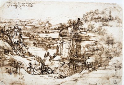 Ensimmäinen tunnettu piirros Leonard de Vincistä (Leonardo da Vinci) (1452-1519), "" Santa Maria della Neven maisema"": Firenzen lähellä sijaitsevan Arnon laakson maisema. tekijältä Leonardo da Vinci
