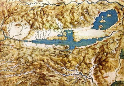 Topografinen näkymä maaseudulle Arezzon tasangon ja Val di Chianan ympärillä, 1500-luvun alku tekijältä Leonardo da Vinci