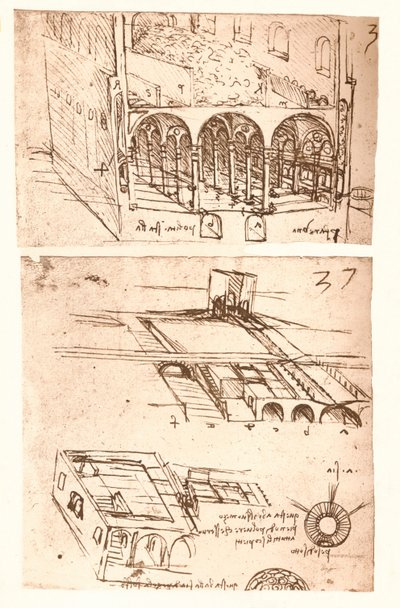 Kaksi arkkitehtonista piirustusta, c1472-c1519 1883 tekijältä Leonardo da Vinci