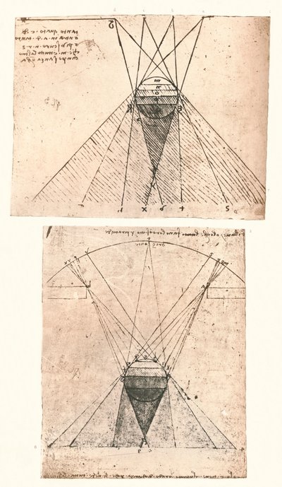 Kaksi kaaviota, jotka kuvaavat valon ja varjon teoriaa, c1472-c1519 1883 tekijältä Leonardo da Vinci