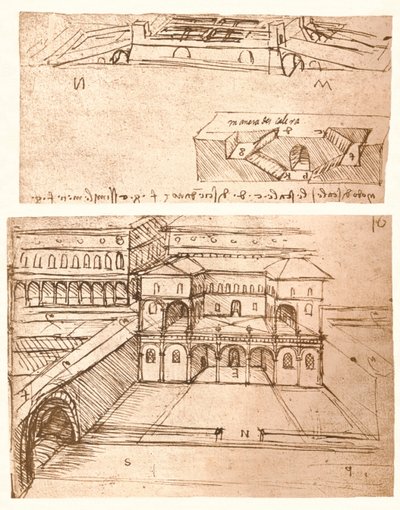 Kaksi piirustusta kaupunkien suunnitelmista, c1472-c1519 1883 tekijältä Leonardo da Vinci