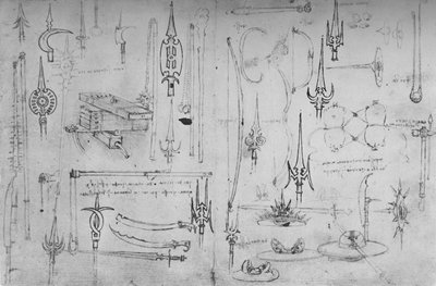 Erilaiset hyökkäyksen ja puolustuksen aseet, c1480 1945 tekijältä Leonardo da Vinci