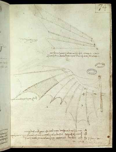 Siipi. Lentävän koneen piirustus. Käsikirjoitus Leonard De Vinci (Leonardo da Vinci tekijältä Leonardo da Vinci
