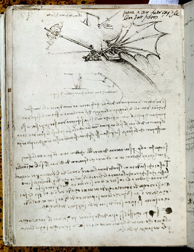 Siipikoulutus. Lentävän koneen piirustus. Käsikirjoitus Leonard De Vinci (Leonardo da Vinci tekijältä Leonardo da Vinci