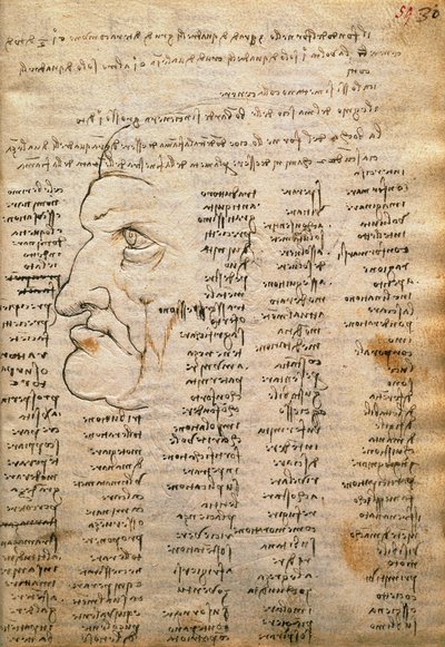Sanaluettelo ja miesprofiili Codex Trivulzianuksesta tekijältä Leonardo da Vinci