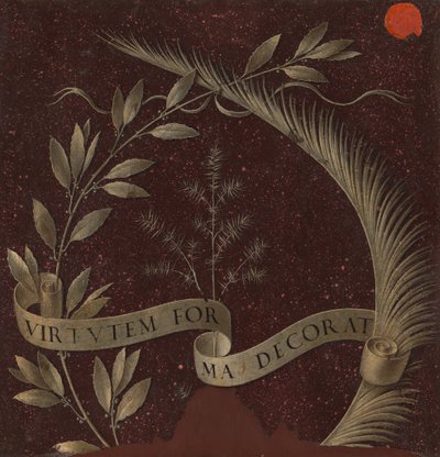 Laakeripuun, palmun ja katajan seppele, johon on kaiverrettu Virtutem Forma Decorat [käänteinen], n. 147 tekijältä Leonardo da Vinci
