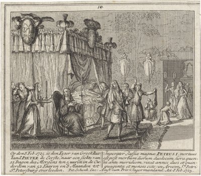 La mort de Pierre I le Grand, le 8 fevrier 1725 - Pietari Suuren kuolema 8. helmikuuta 1725, kirjoittanut Schenk, Leonard (1696-1767). Kuparikaiverrus tekijältä Leonardus Schenk