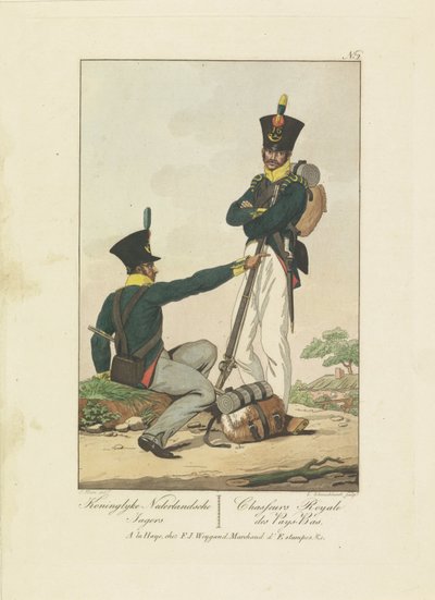 Kaksi metsästäjää, 1814-1818 Koninglyke Nederlandsche Jagers / Chasseurs Royale des Pays-Bas (otsikko esineessä) Seitsemän yhtenäistä esitystä 1814-1818 (sarjan nimi) tekijältä Leonardus Schweickhardt