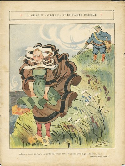 Kuva Leonce Burretistä (1865-1915) Le Riressä, 03.09.10 - Valkoisen cul-blancin ja nukenmetsästäjän metsästys - Maaseutu, vapaa-aika, luonto, kasvillisuus, metsästäjä, meri-balneaire - talonpojat, maanviljelijät tekijältä Leonce Burret