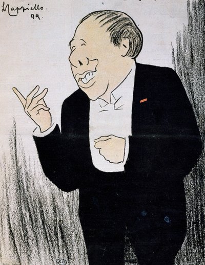 Näyttelijä Alexandre Coquelin, joka tunnetaan nimellä Coquelin Cadet (1848-1909) Leonetto Cappiellon (1875-1942) karikatyyreissä vuodelta 1899 tekijältä Leonetto Cappiello