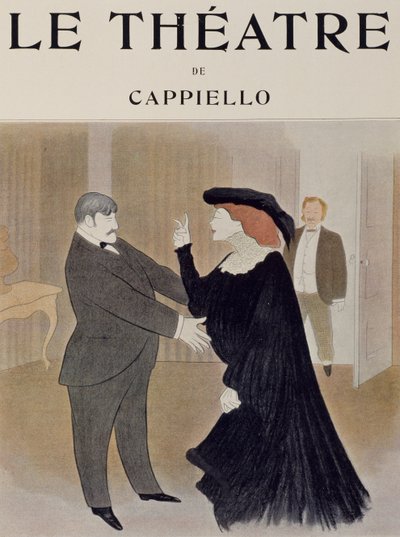 Näyttelijät Lucien Quitry ja Jane Harding kohtauksessa La Chatelainesta, esitettiin Renaissance Theatressa Pariisissa, piirustus Leonetto Cappiello (1875-1942), Theatre-lehden otsikkosivu, huhtikuu 1903 tekijältä Leonetto Cappiello