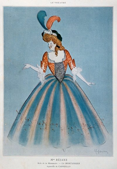 Koomikko Gabrielle Charlotte Reyu kutsui Rejanea (1856-1920) Montansierin rooliin. Akvarelli Leonetto Cappiello (1875-1942) Paris, koristetaide tekijältä Leonetto Cappiello
