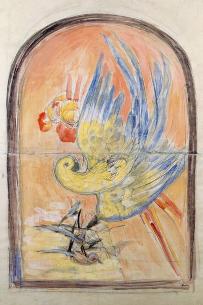 Valmisteleva piirustus Art Deco -tyylisen tuolin selkänojaan Le Perroquet
