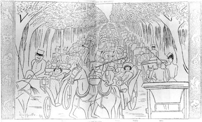 Belle Epoque -kauden näyttämö-, musiikkitalo- ja oopperatähdet, ajamassa Bois de Boulognessa, Avenue des Acaciasissa, Pariisissa, humoristinen karikatyyri Le Rire -lehdestä, 1899 tekijältä Leonetto Cappiello
