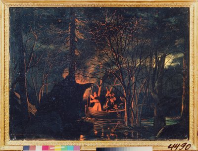 Yö keihäskalastus. Maalaus Leonid Ivanovich Solomatkin (1837-1883), öljy kankaalle tekijältä Leonid Ivanovich Solomatkin