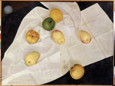 ""Asetelma omenoiden ja sitruunoiden kanssa"" (Asetelma omenoiden ja sitruunoiden kanssa) Leonid Terentevich Chupyatov (1890-1942) maalaus 1923 Pietarin valtion venäläinen museo tekijältä Leonid Terentlevich Chupyatov