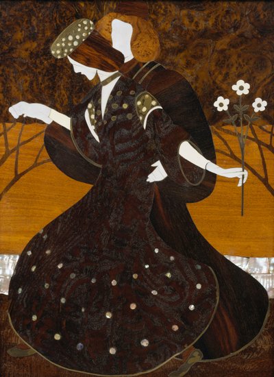 Lipasto, n. 1908, Leopold Bauer (1872-1938), pähkinä, messinki ja helmiäinen, Detail, Itävalta, 1900-luku tekijältä Leopold Bauer