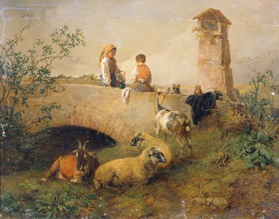 Poika ja tyttö lampaiden ja vuohien kanssa tekijältä Leopold Brunner d. J.