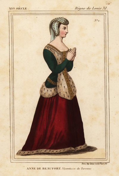 Anne Rogier de Beaufort, varakreivitär de Turenne 1435-1479. Käsinvärinen litografia ruostumattoman lasi-ikkunan jälkeen Cordelieres de Nantesin kirkossa Roger de Gaignieresin portfoliossa VI 11 Le Bibliophile Jacobista eli Paul Lacroix
