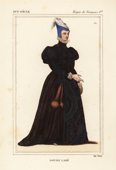 Louise Labe, La Belle Cordiere, ranskalainen runoilija 1526-1566. Muusikko, ratsastaja, jousiampuja, miekkailija ja kielitieteilijä. Käsinväritetty litografia Roger de Gaignieresin salkussa VIII 82 olevan muotokuvan mukaan Le Bibliophile Jacobin eli Paul L tekijältä Leopold Massard