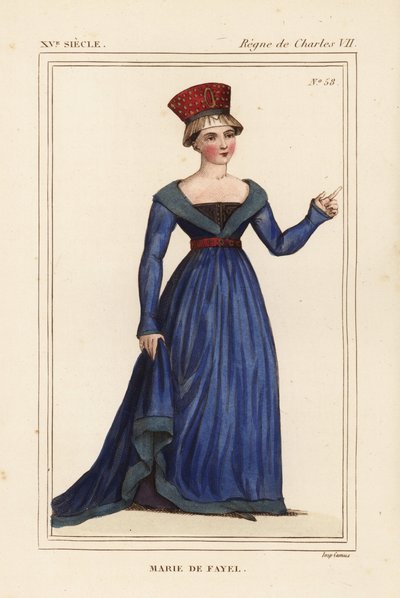Marie de Fayel, Dammartinin kreivitär, Acyn herran Renaud de Nanteuilin vaimo ja Jean de Fayelin sisar. Käsinväritetty litografia pienoiskuvan mukaan, joka sisältyy Roger de Gaignieresin salkussa olevaan käsikirjoitukseen Histoire du Comte Gerard de Nevers tekijältä Leopold Massard
