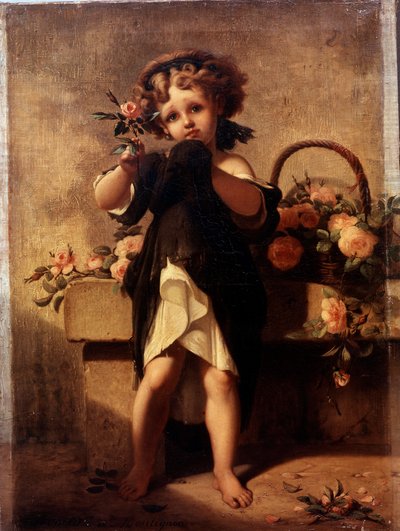 Täyspitkä muotokuva pikkutytöstä ruusulla Leopold Moulignonin (1821-1897) maalaus 1800-luku. tekijältä Leopold de Moulignon