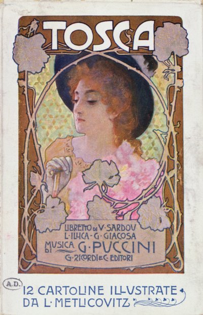 Puccinin Tosca-oopperan partituurilehti, n. 1910 (värilitho) tekijältä Leopoldo Metlicovitz