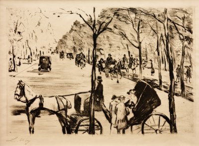 Allee im Tiergarten mit Kutsche im Vordergrund tekijältä Lesser Ury