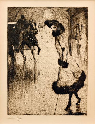 Dame, eine Pferdedroschke rufend tekijältä Lesser Ury