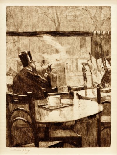 Herr mit Zylinder vor einem Kaffeehausfenster - In Rückenansicht tekijältä Lesser Ury
