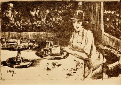 Olen Kaffeehaus. Dame am Tisch auf der Veranda tekijältä Lesser Ury