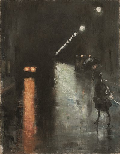 Yöllinen katukuva, Berliini (Leipziger Strasse?), n. 1920 (öljy kankaalle) tekijältä Lesser Ury