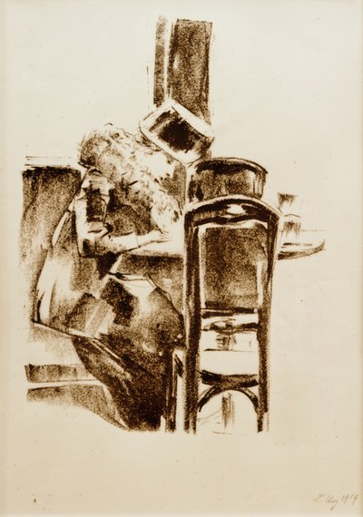 Schreibende Dame mit Hut und Boa im Kaffee tekijältä Lesser Ury