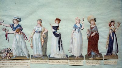 Erilaiset nuoret naiset edustavat naisellista muotia vallankumouksen aikana. Gouache des freres Lesueur (1700-luku) Pariisi, Musee Carnavalet tekijältä Lesueur Brothers