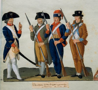 Ranskan vallankumous: "Kansalaiset harjoittelemassa" Lesueur-veljien guassi (1700-luku) Pariisi. Karnevaalimuseo tekijältä Lesueur Brothers