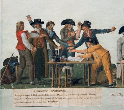 Ranskan vallankumous: "" Republikaanien vala: kansalaiset vannovat verivalan olla palaamatta kotiin ennen kuin he ovat karkoittaneet itävaltalaiset ja preussilaiset pois Ranskasta." Gouache des freeres Lesueur (1700-luku). 1700-luvulla. Pariisi. Carnavalet tekijältä Lesueur Brothers