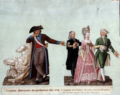 Ranskan vallankumous: "" vandalisti, taideteosten tuhoaja vasemmalla, pilkkaa kahden aatelisen ja pientä koiraa kantavan luostarin pukuja. Gouache des freeres Lesueur (1700-luku), Musee Carnavalet, Pariisi tekijältä Lesueur Brothers