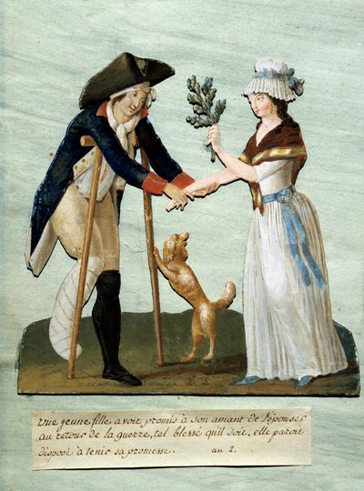 Ranskan vallankumous: "" nuori tyttö löytää luvatut haavansa sodan jälkeen ja pitää lupauksensa mennä naimisiin hänen kanssaan"" Gouache des brothers Lesueur (1700-luku). Pariisin Musee Carnavalet tekijältä Lesueur Brothers