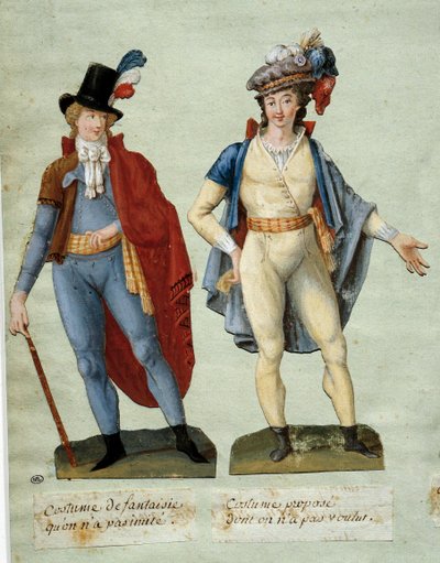 Ranskan vallankumous: fantasiavallankumouksellisten puvut, joita ei ole jäljitelty. Gouache des freeres Lesueur (1700-luku) tekijältä Lesueur Brothers