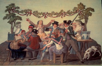 Ranskan vallankumous 1789: "Republikaanien ateria"". Gouache des freeres Lesueur (1700-luku) tekijältä Lesueur Brothers