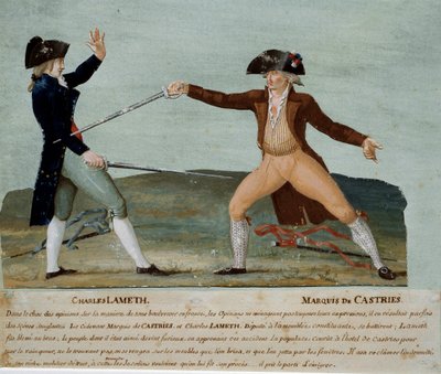 Ranskan vallankumous: kaksintaistelu perustuslakia säätävän kokouksen varajäsenen Charles Lamethin (1757-1832) ja aateliston edustajan markiisi de Castriesin (1756-1842) välillä 12. marraskuuta 1790. Jälkimmäinen haavoi Lamethia ja jakobiinien joukko raivo tekijältä Lesueur Brothers