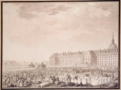 Ranskan vallankumous: aseiden tarttuminen invalideihin 14.7.1789. Lesueurin veljien litografia (1700-luku) tekijältä Lesueur Brothers