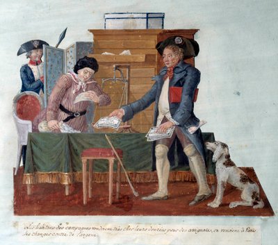 Ranskan vallankumous: maaseudun asukkaat myivät ruokansa toimeksiantajille, jotka sitten tulivat vaihtamaan rahaksi Pariisiin. Gouache des Freres Lesueur (1700-luku) tekijältä Lesueur Brothers