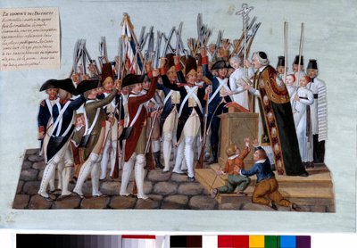 Ranskan vallankumous: piirien vala. Perustuslain julistuksen jälkeen ihmiset kokoontuivat julkisille toreille, parannusjohtajat johtivat mielenosoituksia. Gouache des freeres Lesueur (1700-luku). 1789. Paris, Musee Carnavalet tekijältä Lesueur Brothers