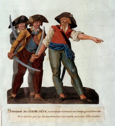Edustama Mathieu Jouve Jourdan dit Jourdan Coupe-Tete (1749-1794), julma vallankumouksellinen, joka tuli tunnetuksi Avignonin jäätikön joukkomurhien jälkeen lokakuussa 1791. Gouache des freres Lesueur (1700-luku) tekijältä Lesueur Brothers