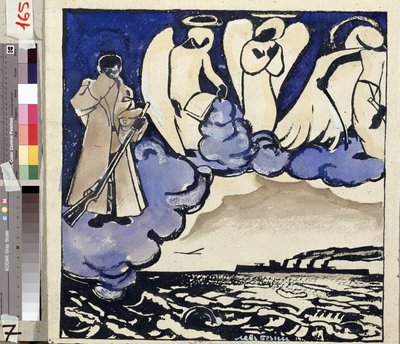 ""A guerra. Rússia. 1914"" Alegoria da Primeira Guerra Mundial. Um soldado e anjos. Caneta e guache de Lev Bruni (1894-1948) 1914 Museu Estadual de História, Arquitetura e Arte, Rybinsk, Rússiafinlandês tekijältä Lev Aleksandrovitc Bruni