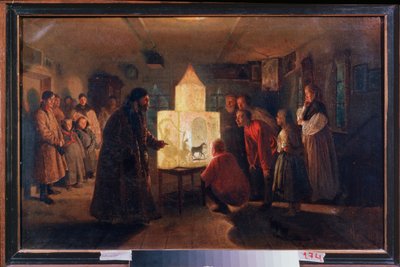 Taikalyhty talonpojan talossa - Lev Grigorjevitš Solovjevin (1837-1919) maalaus, öljy kankaalle tekijältä Lev Grigoryevich Solovyev