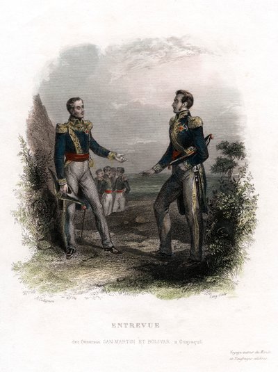 Kenraalien San Martinin ja Bolivarin tapaaminen, Guayaquil, Ecuador, 1822, 1800-luku. tekijältä Levy