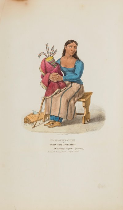 TA-MA-KAKE-TOKE tai nainen, joka puhui ensin; Chippeway-nainen (suremassa), julkaisusta The Aboriginal Portfolio. tekijältä Lewis, James Otto