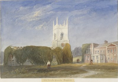 Okeoverin kirkko - "Kaikki pyhät": akvarellimaalaus ja [c 1830-1840] tekijältä Lewis John Wood